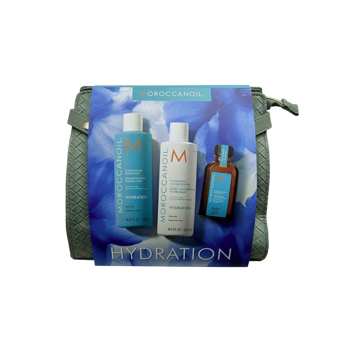 Moroccanoil Весенний набор в серой косметичке, Hydration (увлаж.шампунь 250 +кондиционер 250 + масло восст.50мл)