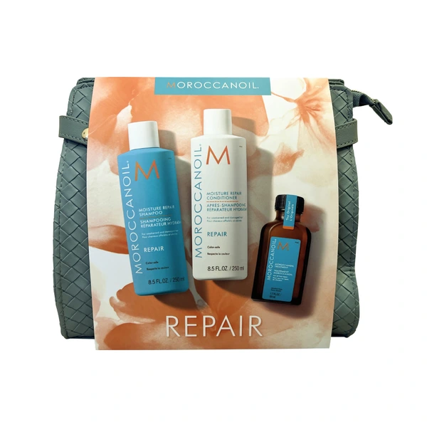 Moroccanoil Весенний набор в серой косметичке, Repair (восст.шампунь 250 + кондиционер 250 + масло восст. 50 мл)